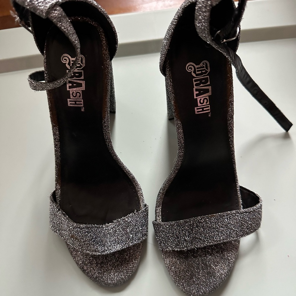 Brash Silver Glitter Ankle Strap Heels